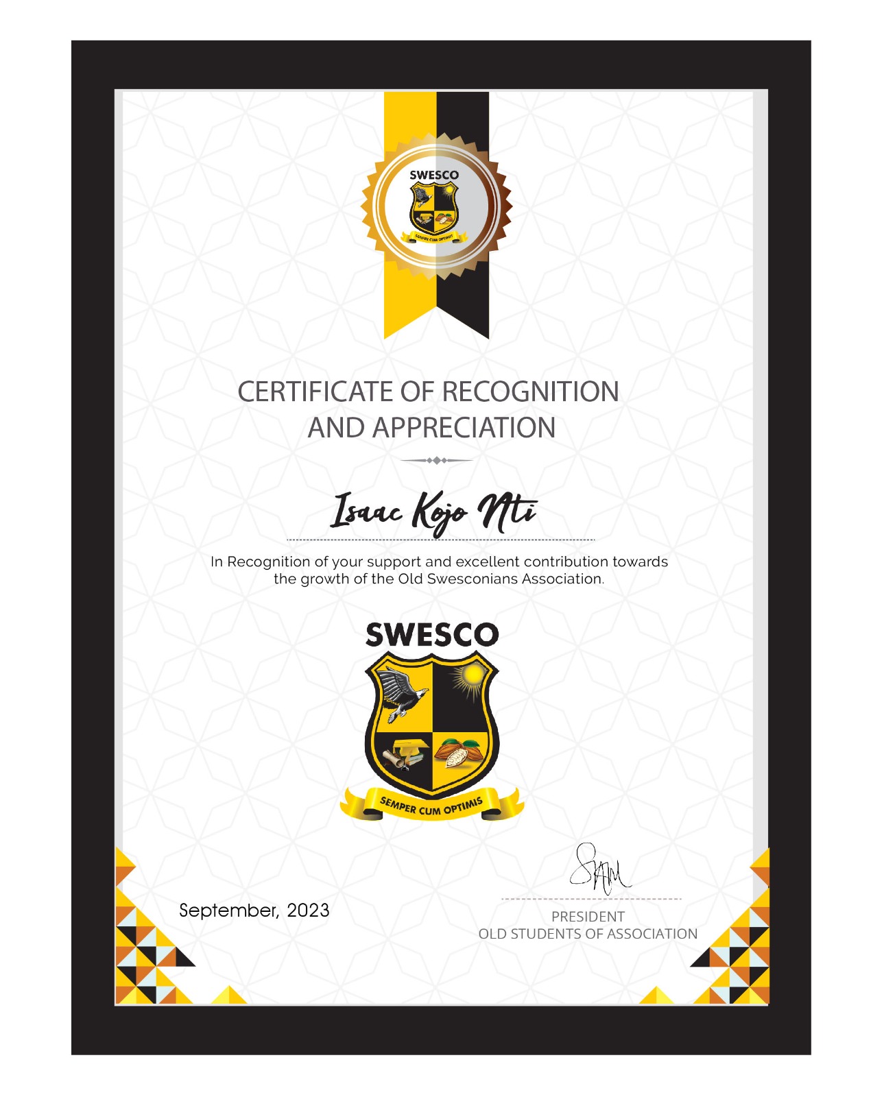 SWESCO Certificate of Recognition and Appreciation presented to Isaac Kojo Nti in September 2023